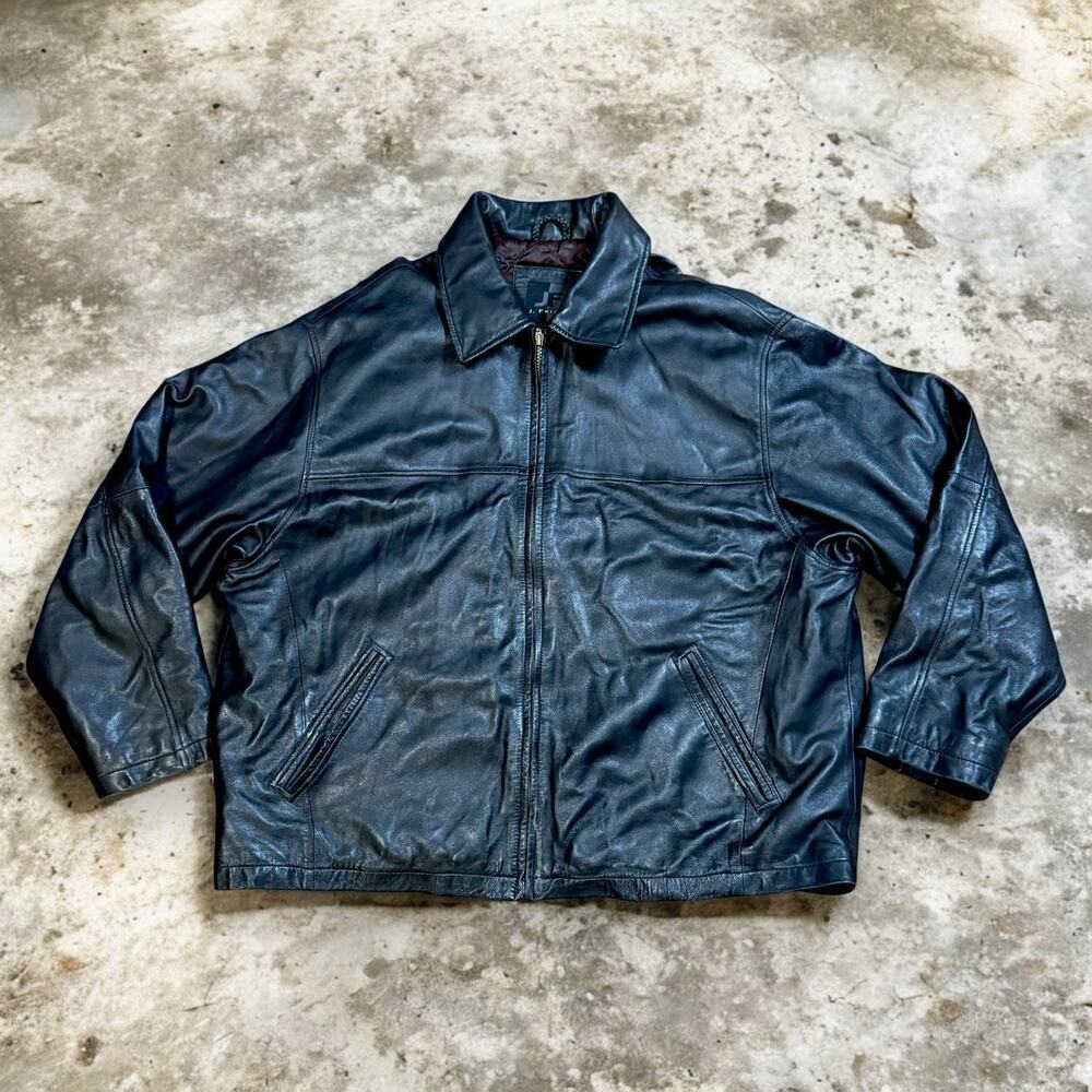 Vintage J Ferrar Leather Jacket Mens Black Bomber Quilted Y2K Size XXL
